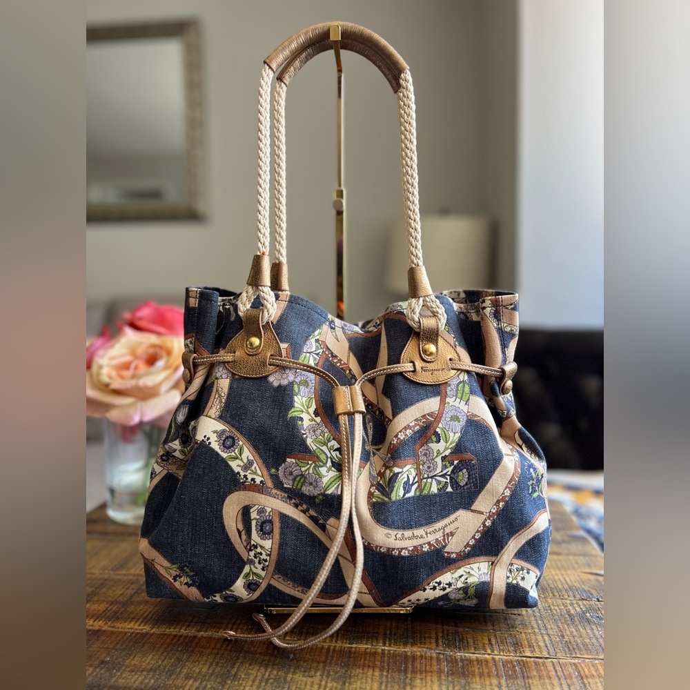 Salvatore Ferragamo Gancini Floral Print Denim Shoulder Bag